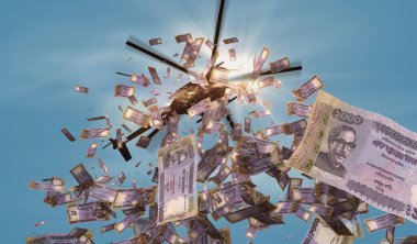 Bangladeşli Taka helikopter paralarını bırakıyor. Bangladeş BDT 1000 banknotları soyut 3d enflasyon, para basma, finans, ekonomi, kriz ve niceliksel kolaylık resimleme kavramı.