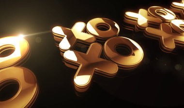 XOXO romantik aşk selamlaması ve öpücükler dijital siber stil altın metal parlaklık sembolü konsepti. Görkemli parlama ve yansıtma ışığı simgesi soyut nesne 3d illüstrasyon.