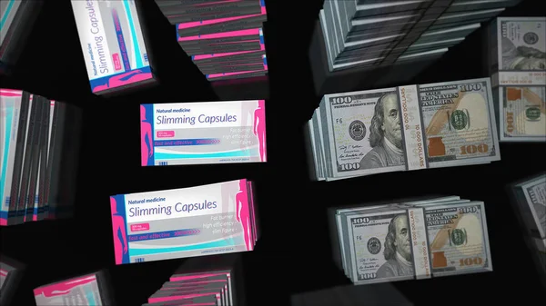 Boîte Capsules Minceur Avec Des Piles Paquets Argent Dollars Américains — Photo