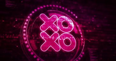 XOXO romantik aşk selamlaması ve dijital siber stil dijital konsepti öpmek. Ağ, siber teknoloji ve bilgisayar arkaplanı soyut 3d canlandırması.
