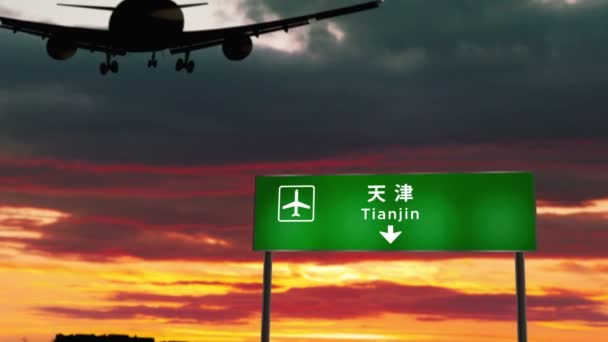 Σιλουέτα Του Αεροπλάνου Προσγειώνεται Στο Τιαντζίν Της Κίνας Αεροπλάνο Πόλη — Αρχείο Βίντεο