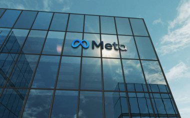 Menlo Park, ABD, 5 Mayıs 2023: Meta şirketinin cam bina konsepti. Ön cephede Metaverse facebook sanal gerçeklik ağı sembolü 3d illüstrasyon.