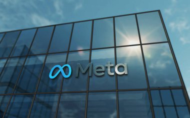 Menlo Park, ABD, 5 Mayıs 2023: Meta şirketinin cam bina konsepti. Ön cephede Metaverse facebook sanal gerçeklik ağı sembolü 3d illüstrasyon.