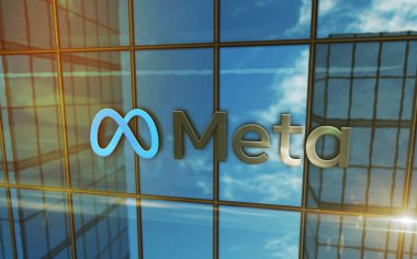 Menlo Park, ABD, 5 Mayıs 2023: Meta şirketinin cam bina konsepti. Ön cephede Metaverse facebook sanal gerçeklik ağı sembolü 3d illüstrasyon.