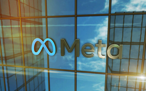 Menlo Park, USA, May 5, 2023: Meta corporation headquarters glass building concept. Metaverse facebook virtual reality network company symbol on front facade 3d illustration.