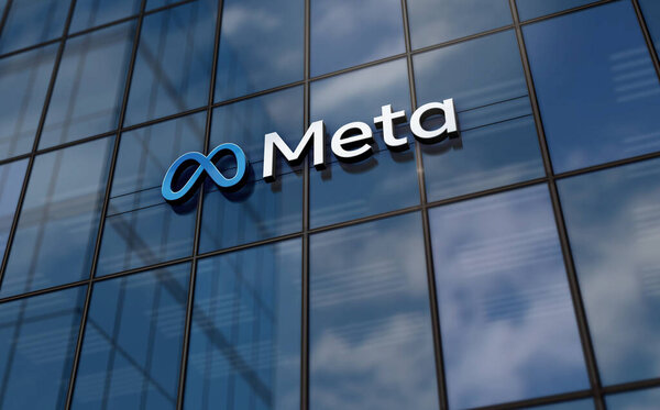 Menlo Park, USA, May 5, 2023: Meta corporation headquarters glass building concept. Metaverse facebook virtual reality network company symbol on front facade 3d illustration.