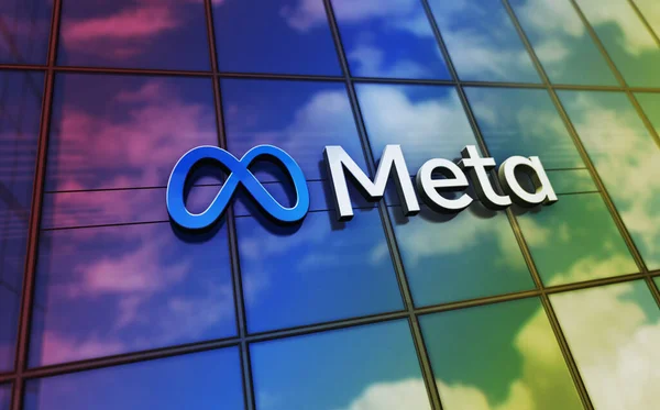 Menlo Park, ABD, 5 Mayıs 2023: Meta şirketinin cam bina konsepti. Ön cephede Metaverse facebook sanal gerçeklik ağı sembolü 3d illüstrasyon.
