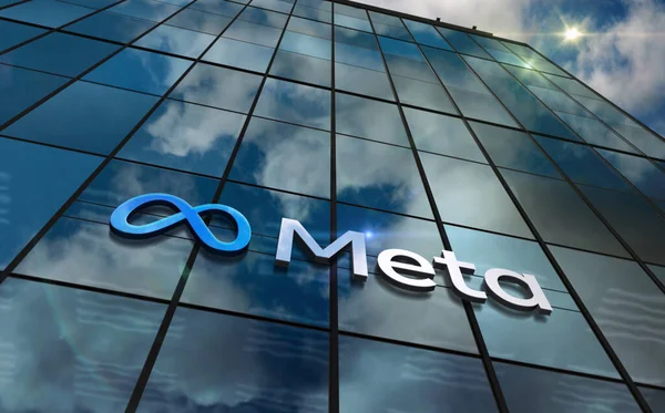 Menlo Park, ABD, 5 Mayıs 2023: Meta şirketinin cam bina konsepti. Ön cephede Metaverse facebook sanal gerçeklik ağı sembolü 3d illüstrasyon.