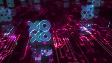 XOXO romantik aşk selamlaması ve dijital siber stil sembolü olan soyut siber konsepti öpmek. Dijital teknoloji ve bilgisayar arkaplanı pürüzsüz ve döngülü 3D animasyon.