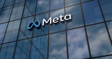 Menlo Park, ABD, 5 Mayıs 2023: Meta şirketinin cam bina konsepti. Ön cephede Metaverse facebook sanal gerçeklik ağı sembolü 3D.