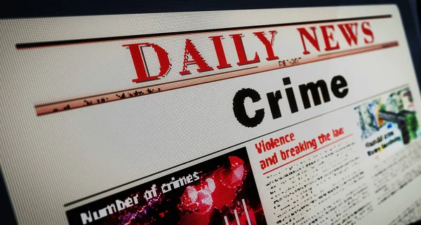 犯罪调查 法医和司法界每日在移动平板电脑屏幕上阅读报纸 男子触摸屏与头条新闻摘要概念3D插图 — 图库照片