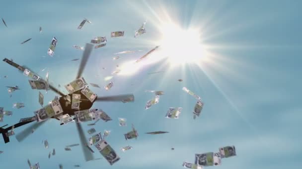 塞尔维亚第纳尔钞票直升机上的钱下降 塞尔维亚Rsd 100注意到通货膨胀 危机和量化宽松的抽象3D概念 — 图库视频影像