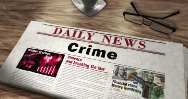 Suç soruşturması adli tıp ve adalet gazetesi masada. Manşetler soyut kavram 3D. 