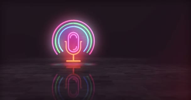 Simbolo Neon Microfono Podcast Lampadine Colori Musica Audio Onda Simbolo — Video Stock