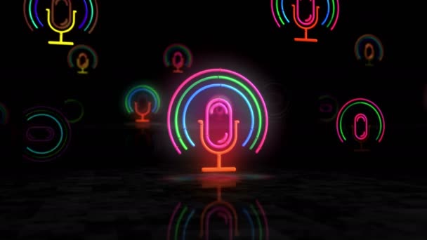 Microphone Podcast Neon Glowing Symbol Light Color Bulbs Audio Music — Stock Video