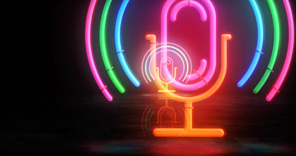 Microphone Podcast Neon Symbol Audio Music Air Broadcast Symbol Light — Stock Photo, Image