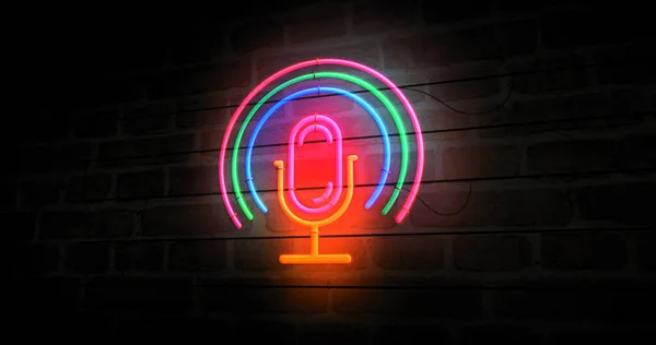 Mikrofon Podcast Neon Sembolü Hava Yayın Sembolü Ampullerdeki Ses Müziği — Stok fotoğraf