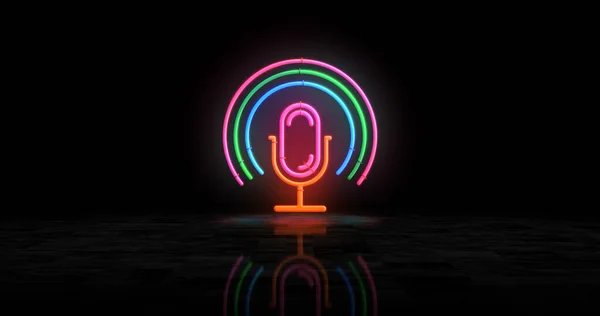 Neonowy Symbol Podcastu Mikrofonu Muzyka Dźwiękowa Emitowanym Powietrzu Symbolu Żarówki — Zdjęcie stockowe