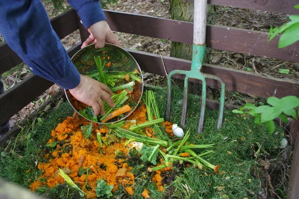 Compost Organisch Afval Levensmiddelenrecycling Achtertuin Duurzaam Wonen Mens Gooit Keukengroente — Stockfoto