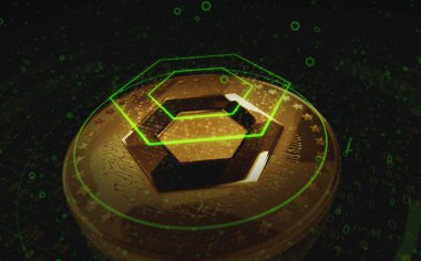 Yeşil ekran arka planında zincirli LINK kripto altın sikkesi. Soyut konsept 3d illüstrasyon.