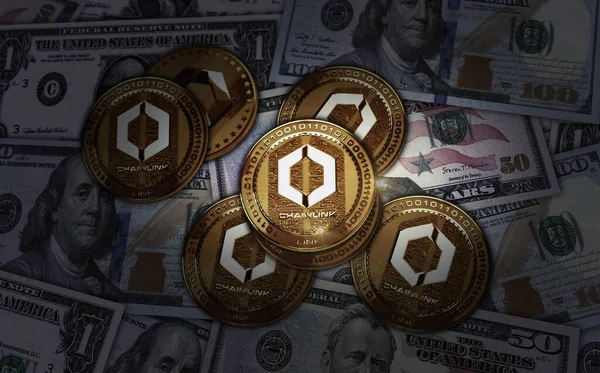 Chainlink LINK cryptocurrency golden coin over Dollar banknotes. Online payment and crypto money transaction abstract concept 3d illustration.