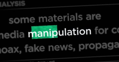 Manipülasyon yanıltmacası ve sosyal medya derin sahte haber başlıkları uluslararası internet medya aramasında. Dinamik görüntüler hakkında internet başlığı bilgisinin soyut konsepti animasyon oluşturur.