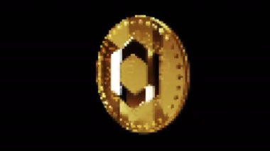 Zincirli LINK şifreleme altın sikkesi retro piksel mozaik 80 'ler tarzında. Dönen altın metal döngüsü soyut kavram. 3B döngü kusursuz döngü.