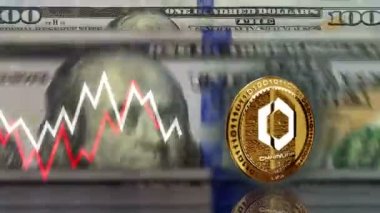 Zincirli LINK kripto para birimi 100 doların üzerinde altın para. Arka planda ABD banknot sayma ve çizelge çizgisi. Döngüsüz ve pürüzsüz 3D soyut kavram.