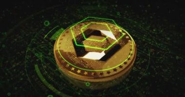 Zincirli LINK kripto para birimi altın paralar dönüyor. Kamera 3 boyutlu metal parlaklıklar etrafında döner. Fintech, çevrimiçi ödeme ve dijital işlem soyut kavramı.