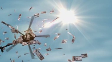 Moğol Togrog helikoptere para bırakıyor. Moğolistan Tugrik 100 soyut 3d enflasyon, para basma, finans, ekonomi, kriz ve nicel kolaylık kavramı.