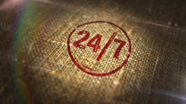 Günde 24 saat doğal keten çuvalında 24 saat hizmet damgası. Günün 24 saati 3D tasarlanmış soyut bir kavram. Döngüsüz ve kusursuz animasyon.