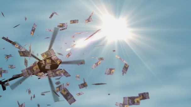 安哥拉宽扎钞票直升机的钱下降 安哥拉Aoa 5000注意到通货膨胀 危机和量化宽松的抽象3D概念 — 图库视频影像