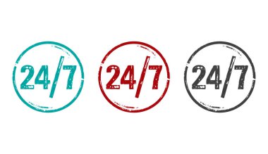 24 'e 7, 24 saat servis pulu simgeleri birkaç renkli versiyonda. Saat 24: 00 konsepti 3D resimleme.