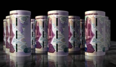 Özbekistan parası Özbek Sum üç boyutlu illüstrasyon sergiliyor. 50.000 UZS 'lik banknot yuvarlandı. Maliye, nakit, ekonomi krizi, iş başarısı, durgunluk, banka, vergi ve borç kavramı.
