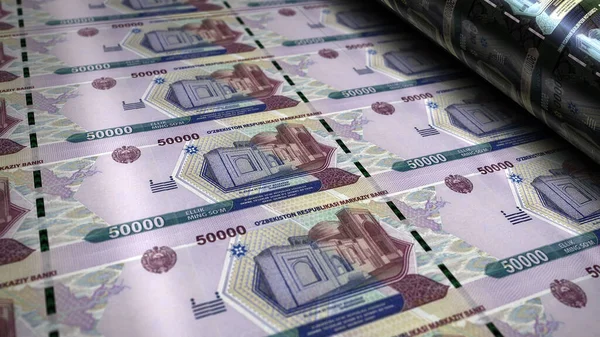 乌兹别克货币印刷3D插图 50000乌兹别克斯坦第纳尔现钞印刷本 乌兹别克斯坦的金融 经济危机 商业成功 税收和债务概念 — 图库照片