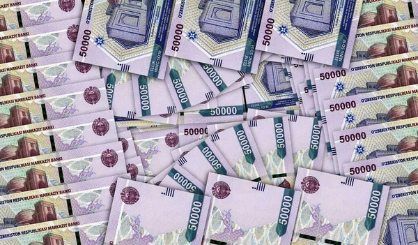 ウズベキスタンのお金ウズベク語サムマネーパック3Dイラスト 50000 Uzsバンクノートバンドルスタック 経済危機 ビジネスの成功 負債の概念 — ストック写真
