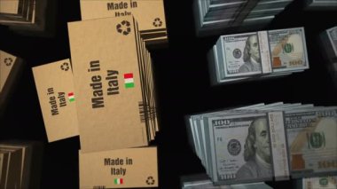 Amerikan Doları desteleri ile İtalya 'da kutu hattında yapılmış. İhracat, ticaret, dağıtım, üretim, nakliyat, iş ve ithalat. Soyut konsept 3D döngüsüz dikişsiz animasyon. 
