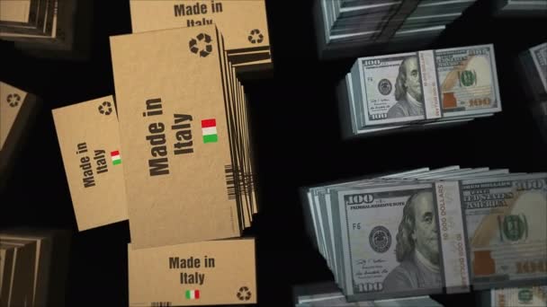 Made Italy Linia Pudełka Dollar Stosy Pakietów Pieniędzy Eksport Handel — Wideo stockowe