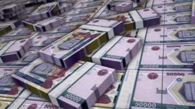 Özbekistan parası Özbek Sum banknot döngüsü. UZS para yığınları. İş, ekonomi, bankacılık ve finans kavramı. Para paketlerinin üzerinde kamera var. Döngüsüz 3D canlandırma.
