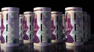 Özbekistan parası Özbek Sum para ruloları 3D animasyon döngüsü. UZS 'nin önünde hareket eden bir kamera var. Kusursuz döngüsüz ekonomi, finans, iş ve borç kavramı.