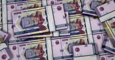 Özbekistan parası Özbek Sum 3d animasyonu finanse ediyor. Kamera görüntüsü şehirlerarası. UZS para paketleri. Enflasyon, ekonomi, kriz, iş, bankacılık, borç ve finans kavramı.