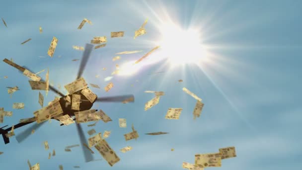 マダガスカル任意の銀行券ヘリコプターのお金をドロップします Malagasy Mgaは インフレ 量的緩和の抽象的な3D概念に注目しています — ストック動画