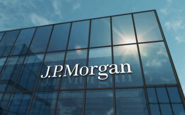 New York, ABD, 31 Mayıs 2023 J.P.Morgan Banka Şirketi 'nin cam bina konsepti. JP Morgan Bankacılık Şirketi sembolü ön cephede 3D illüstrasyon.