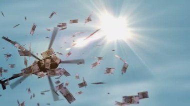 Özbekistan Sum helikopterden para akışını finanse ediyor. Özbek UZS 50000 banknot soyut 3d enflasyon, para basma, finans, ekonomi, kriz ve nicel kolaylık kavramı.