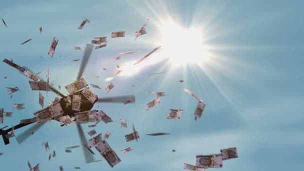 ウズベキスタン合計銀行券ヘリコプターのお金をドロップ ウズベク語Uzs 50000は インフレ 量的緩和という抽象的な3D概念に注目しています — ストック動画