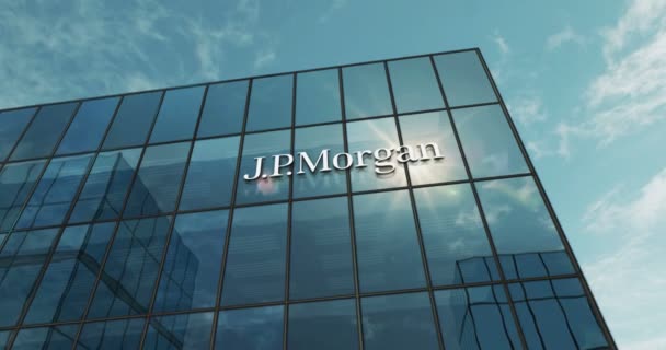 2023年5月31日 美国纽约 Morgan Bank Corporation Headquarters Glass Building Concept Jp摩根银行公司标志在正面3D — 图库视频影像