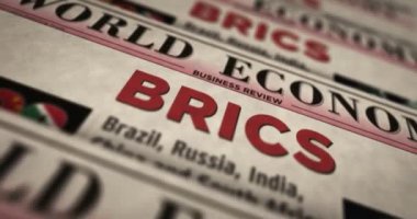 BRICS Brezilya Rusya Hindistan Çin Güney Afrika ekonomi derneği günlük gazete baskısı. Soyut konsept retro başlıklar 3d kusursuz döngülenmiş.