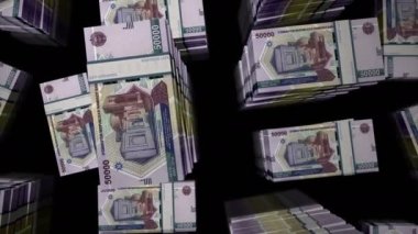 Özbekistan parası Özbek Sum para paketi döngüsü. UZS banknotları üzerinden uçuş üst görünümü destekler. Üç boyutlu, kusursuz bir animasyon. Ekonomi, kriz, iş ve finans konsepti.