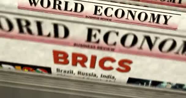 金砖国家巴西俄罗斯印度中国南非经济协会每日新闻报刊印刷 摘要概念复古标题3D无缝环路 — 图库视频影像