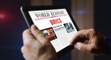 BRICS Brazil Russia India China South Africa economy association daily newspaper reading on mobile tablet computer screen. Man touch screen with headlines news abstract concept 3d illustration. clipart